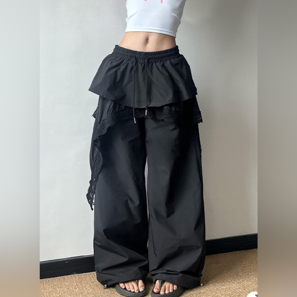 Unknown Pants - Street‎ Y2K Punk Nylon & Lace Skirt Wide Leg Pants Combo Black S Whimsigoth